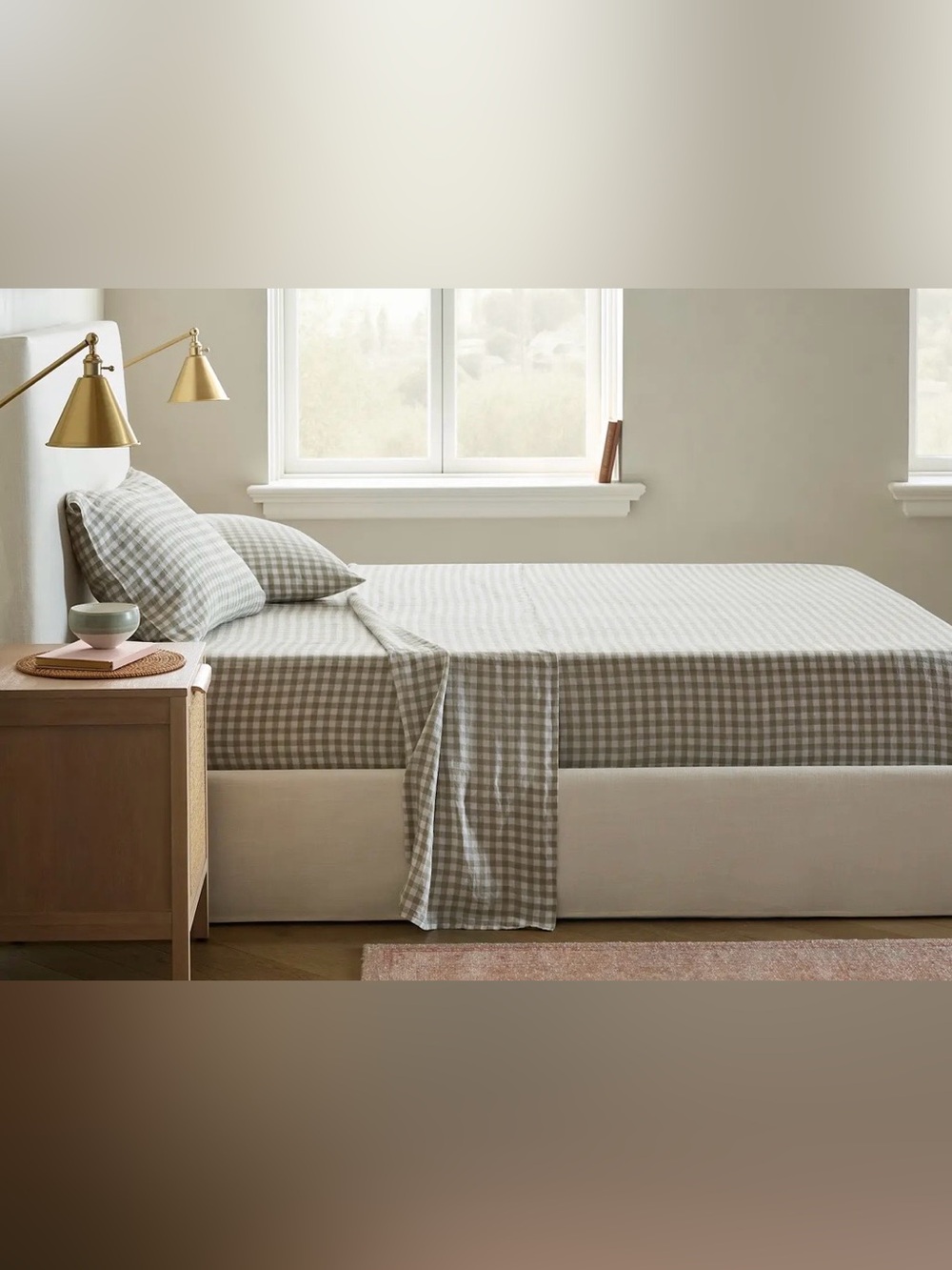 NWT Quince European Linen 4 Pc Gingham Sheet Set, Cal-King (Willowleaf/White)